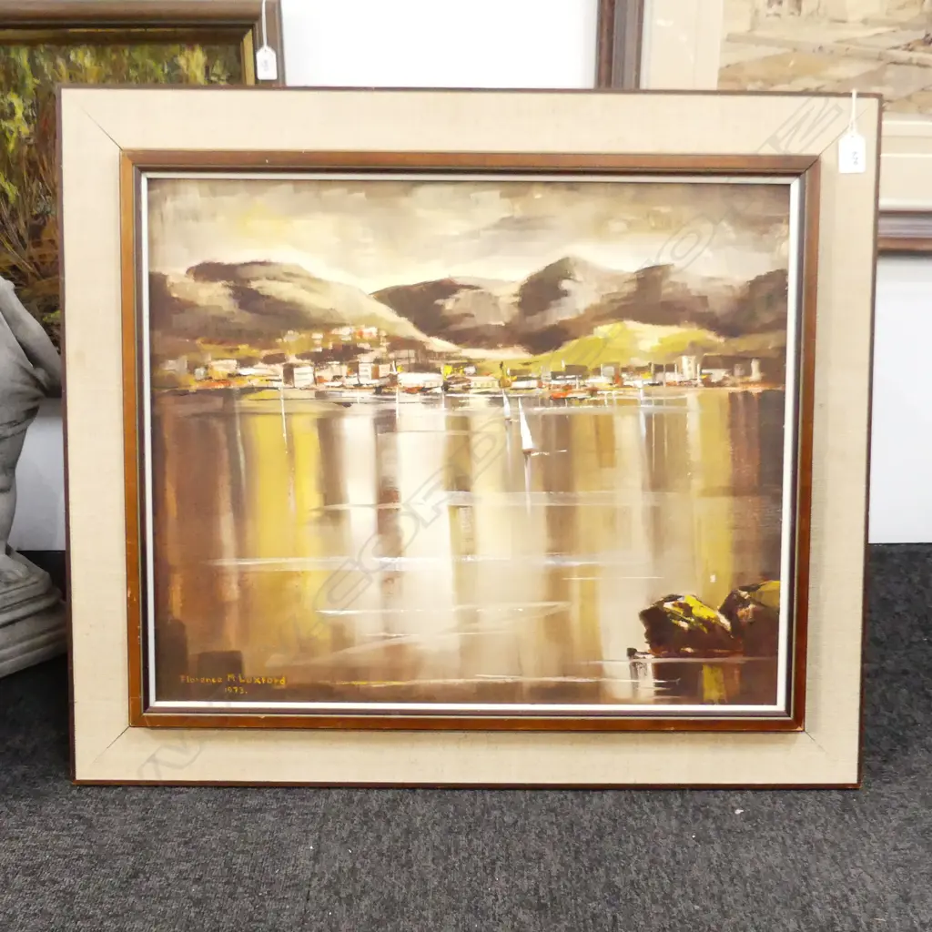 FLORENCE M. LUXFORD 'WELLINGTON FROM ORIENTAL BAY' OIL ON BOARD, 1973 480x580mm Image 1++