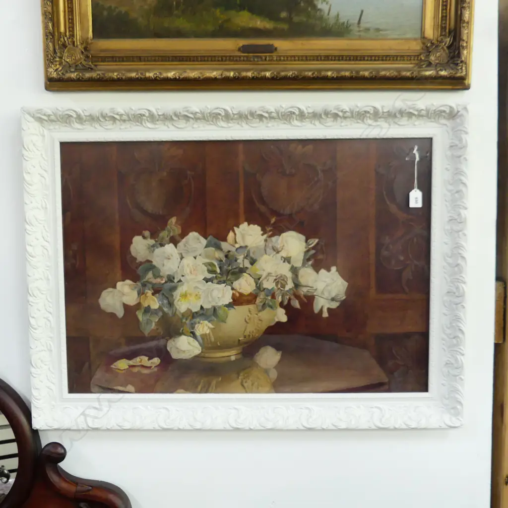 CHARLOTTE BEATRICE YOUMANS (NZ 1869-1957) WHITE ROSES STILL LIFE W/C, SIGNED & DATED 1896 515x745mm Image 1++