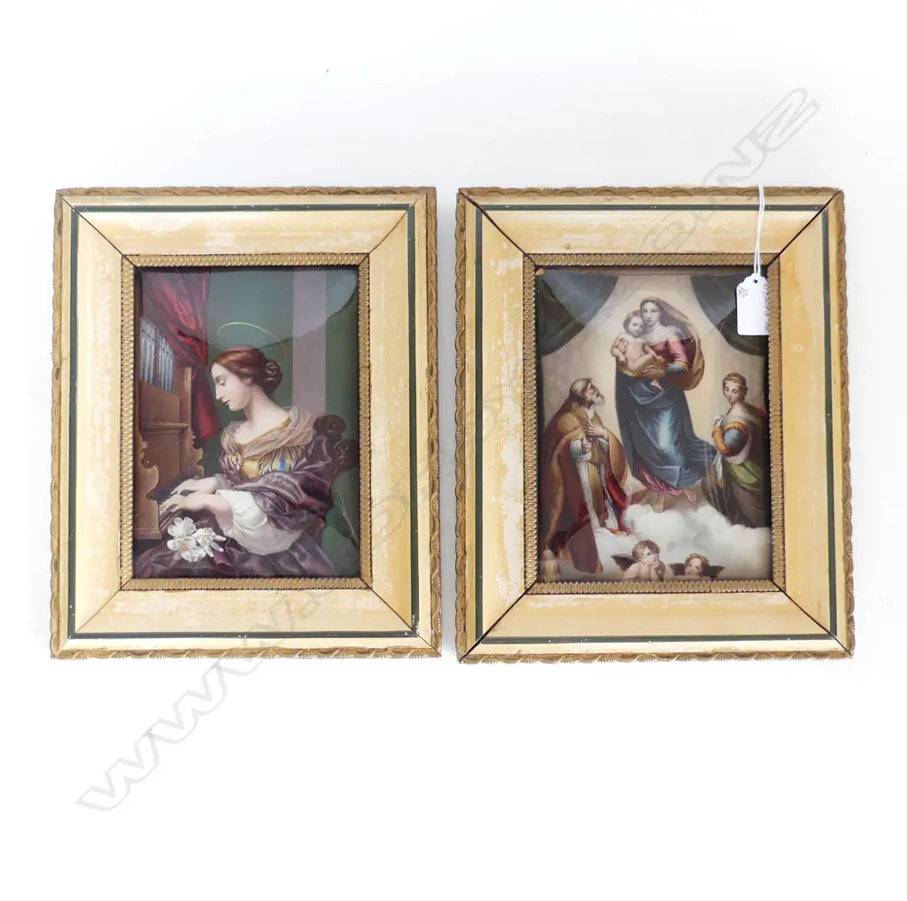 PR VICTORIAN CRYSTOLEUM FRAMED on convex glass woman at piano & Mother Mary 280 X 230mm Image 1++