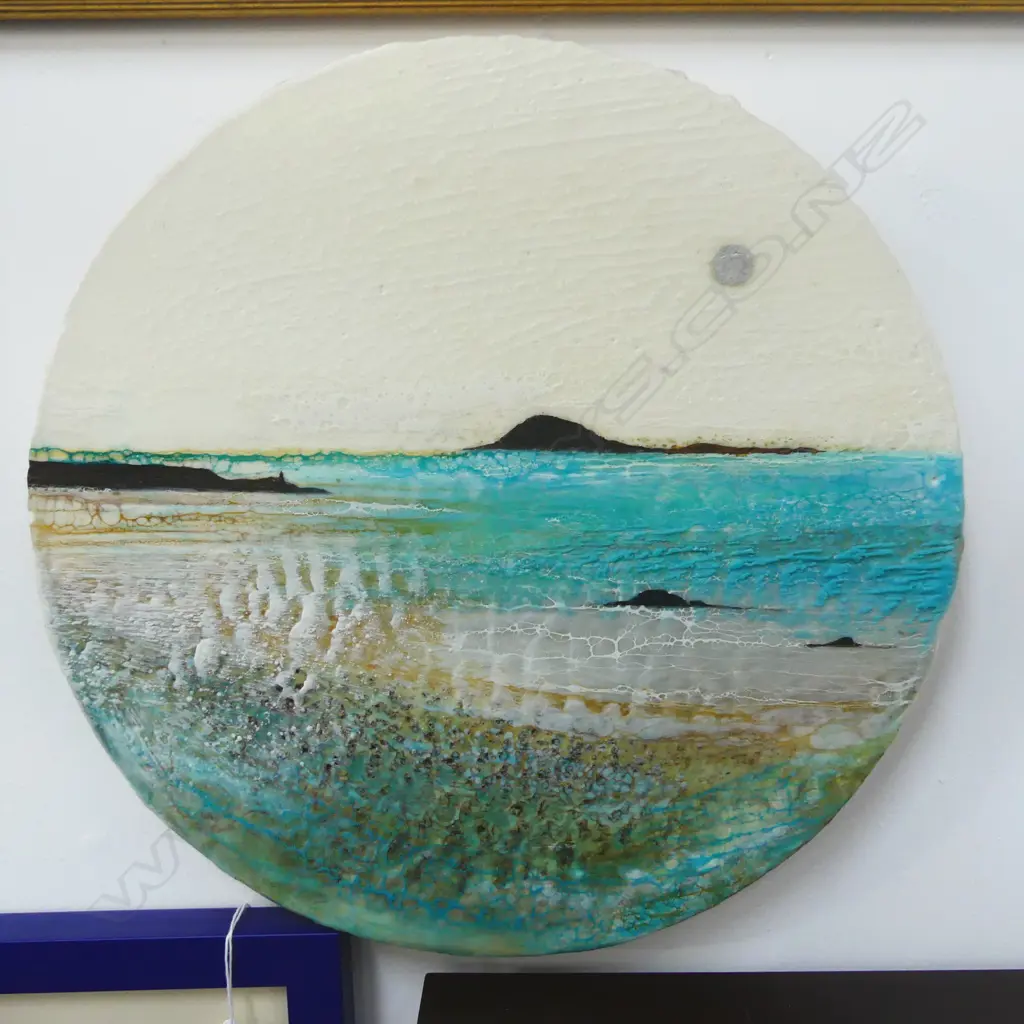 NICKI STEWART 'DIURNAL MOON' ARTWORK ENCAUSTIC ON plywood signed details verso Dia.350mm Cost $490 Image 1++