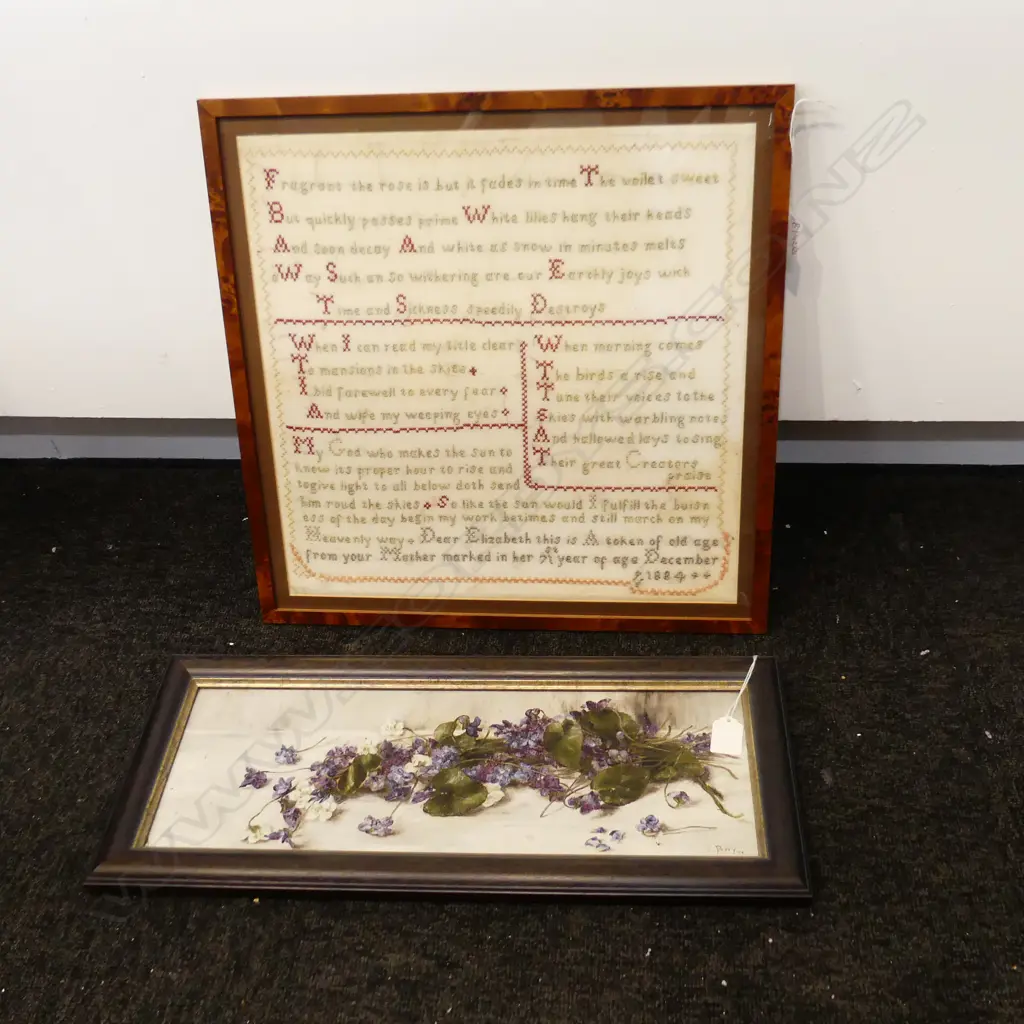 1884 FRAMED SAMPLER 395x395mm + L. PERRY, VIOLETS, OIL ON BOARD (18)'92 150x455mm Image 1++