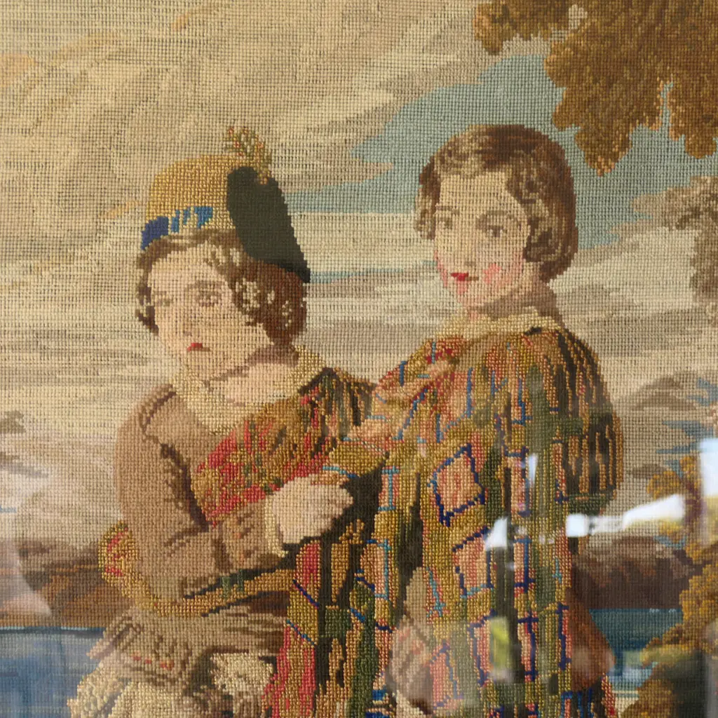 LG ANTIQUE 19thC FRAMED NEEDLEPOINT EMBROIDERY, 2  SCOTTISH CHILDREN, 750 x 555mm Image 1++