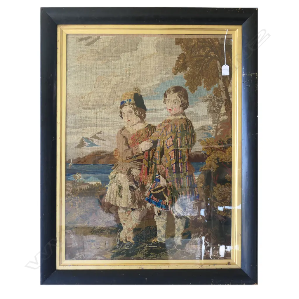 LG ANTIQUE 19thC FRAMED NEEDLEPOINT EMBROIDERY, 2  SCOTTISH CHILDREN, 750 x 555mm Image 1++