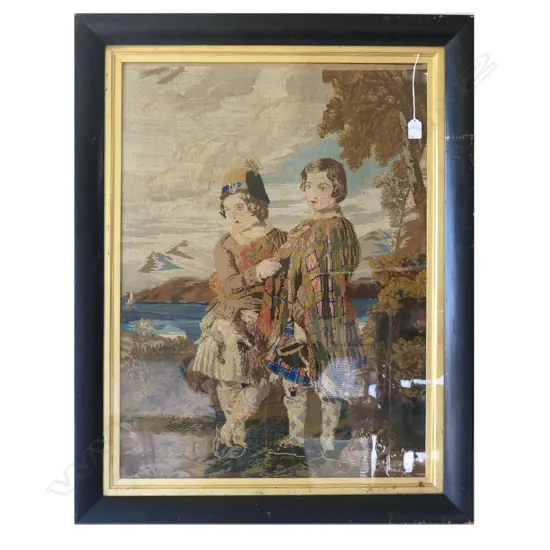 LG ANTIQUE 19thC FRAMED NEEDLEPOINT EMBROIDERY, 2  SCOTTISH CHILDREN, 750 x 555mm