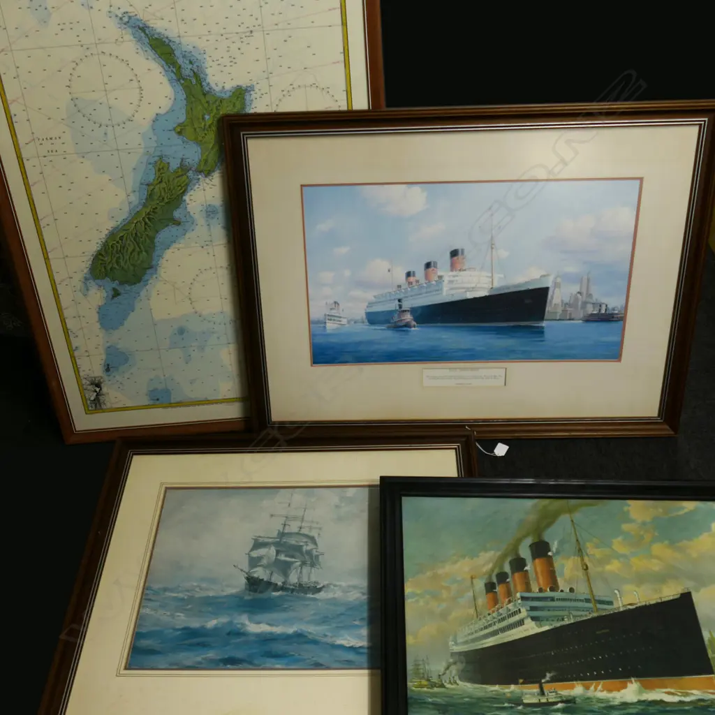 LG NZ MAP 1130x765mm overall + 3 SHIPPING PRINTS; QUEEN MARY, CUNARD AQUITANIA, SAILING SHIP Image 1++