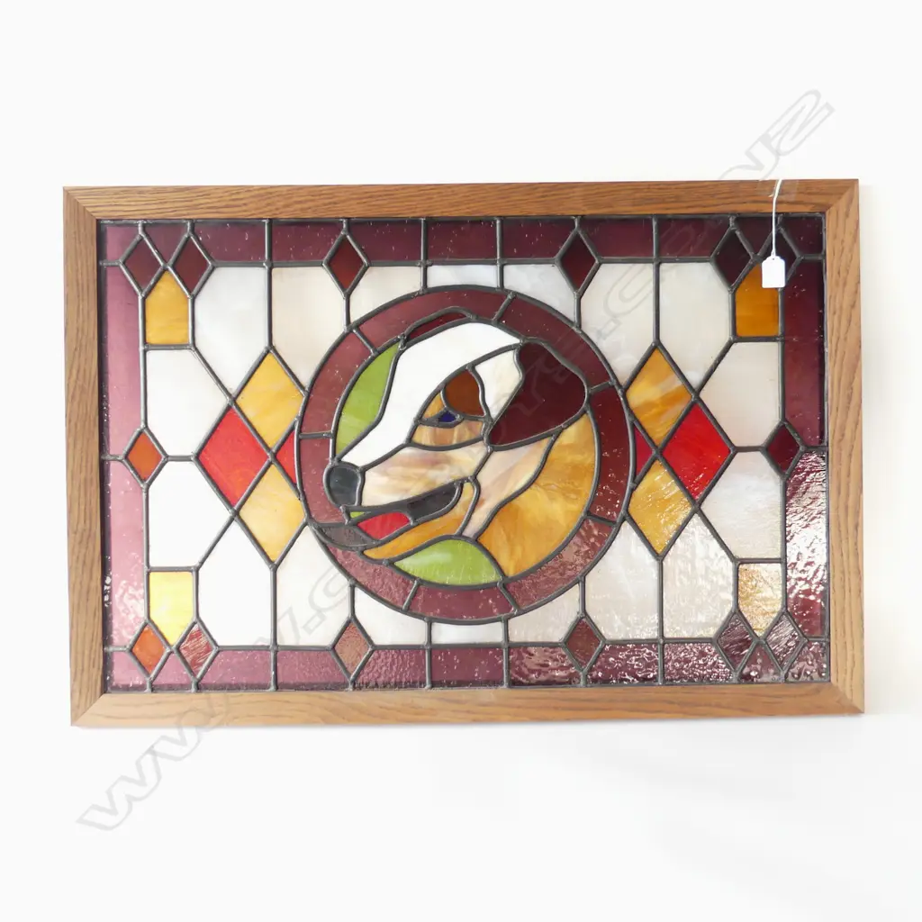 STAINED GLASS PANEL OF DOG - FRAMED 540 x 840mm (one pane of glass cracked) Image 1++