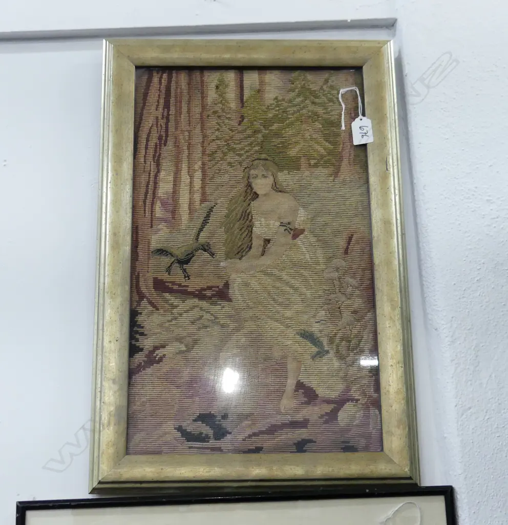 FOUR FRAMED WORKS 3 TAPESTRIES. 2 COTTAGE OTHER GIRL WITH BIRD. & FELT PIC OF FLOWERS Image 1++