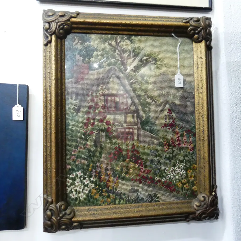 FOUR FRAMED WORKS 3 TAPESTRIES. 2 COTTAGE OTHER GIRL WITH BIRD. & FELT PIC OF FLOWERS Image 1++