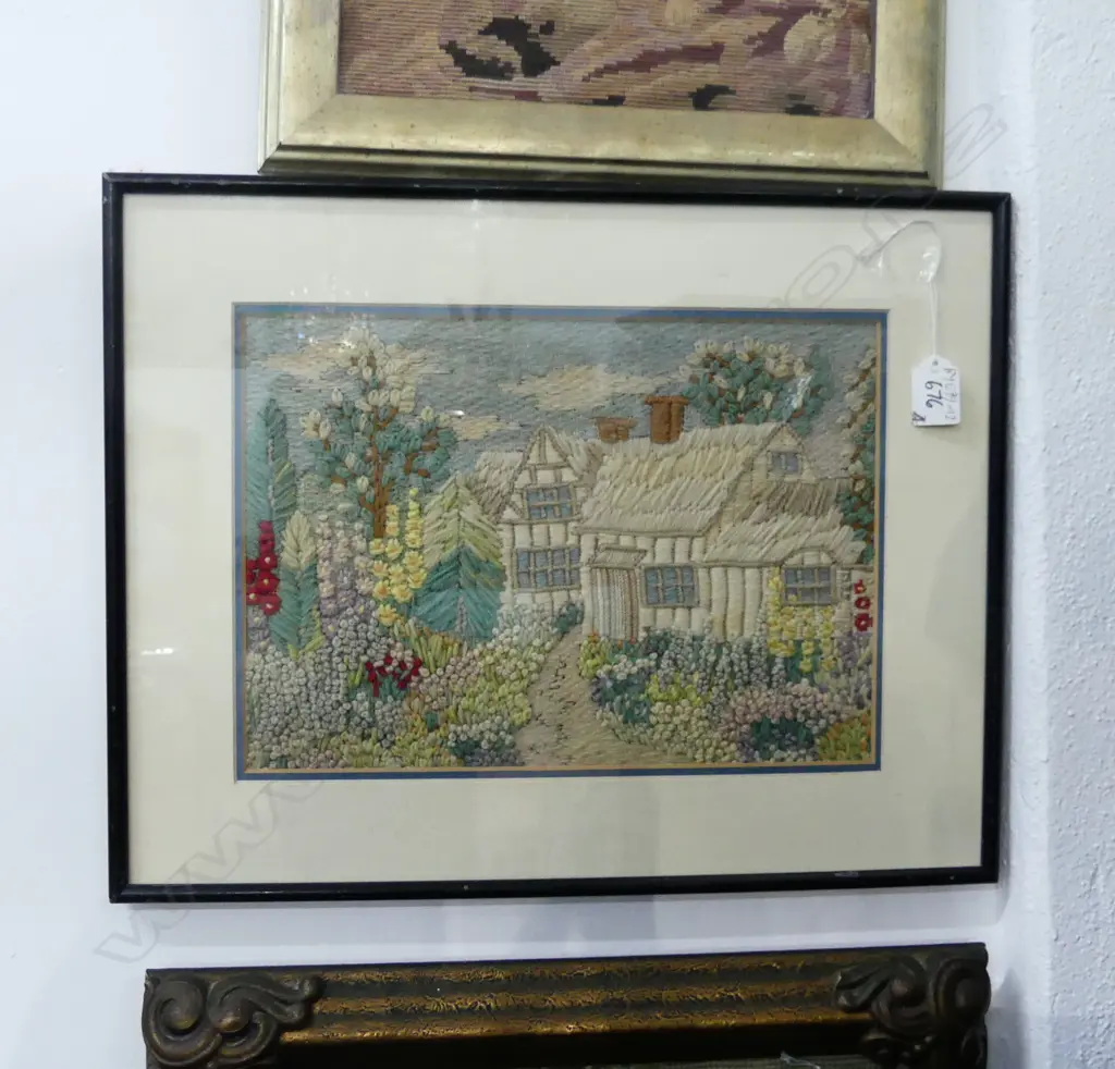 FOUR FRAMED WORKS 3 TAPESTRIES. 2 COTTAGE OTHER GIRL WITH BIRD. & FELT PIC OF FLOWERS Image 1++