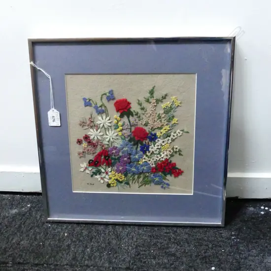 FOUR FRAMED WORKS 3 TAPESTRIES. 2 COTTAGE OTHER GIRL WITH BIRD. & FELT PIC OF FLOWERS
