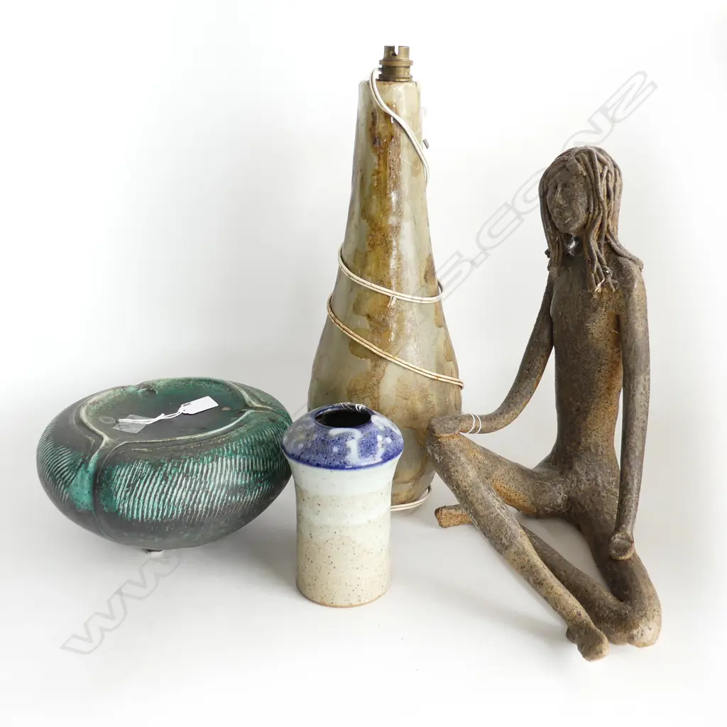 4 PCS STUDIO POTTERY, ONE LAMP BASE not working, FEMALE FIGURE & 2 OTHERS  Image 1++