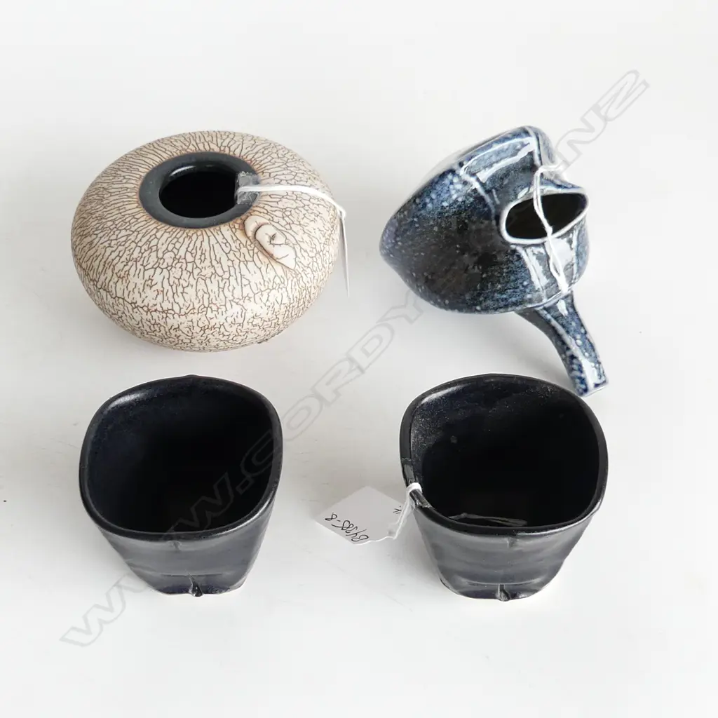 CHRIS WEAVER blue jug & pr black sq. cups + crackle glaze vase Image 1++