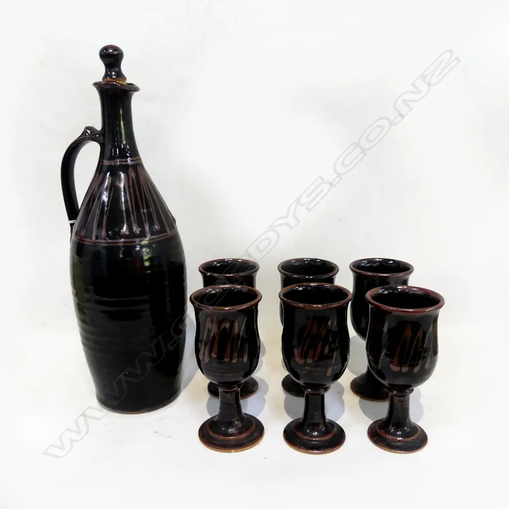 STUDIO POTTERY FLASK H.350mm & 6 BEAKERS - VAN HELDEN GALLERY? Image 1++