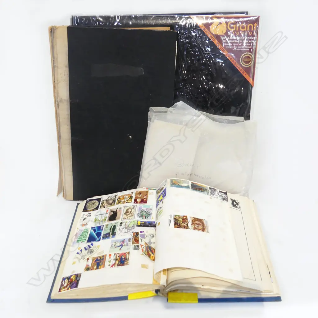 COLLECTION OF STAMPS ETC INCL. ALBUM + FDC, EMPTY ALBUM ETC Image 1++