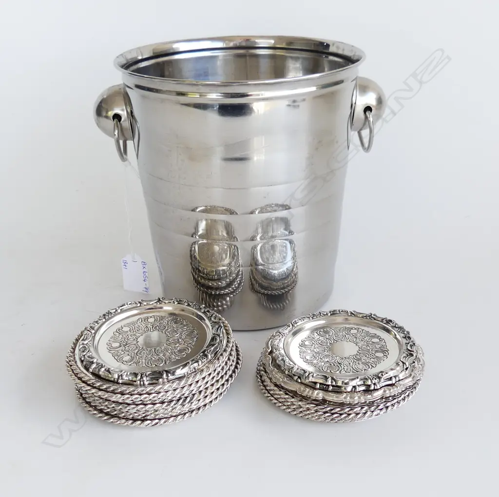 SILVER PLATE ICE BUCKET 195 X 185mm & 18 ASST SILVER PLATE COASTERS Image 1++