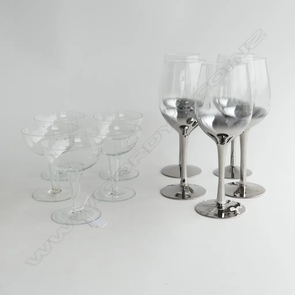 10 GLASSES; 5 SILVER DIPPED WINE H.225mm + 5 ETCHED HOLLOW STEMS Image 1++