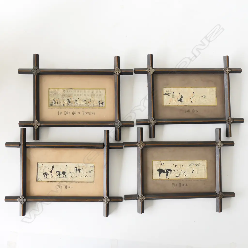 SET 4 ORIGINAL SILK STEVENGRAPHS, FRAMED HUNTING THEMES, LADY GODIVA DEATH FULL CRY & THE MEET. 305X230mm Image 1++