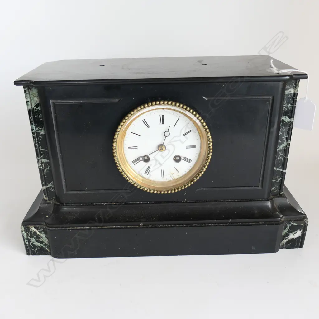 ANTIQUE BLACK SLATE MANTEL CLOCK, SOME FAULTS, W.350mm x H.210mm (not running) Image 1++
