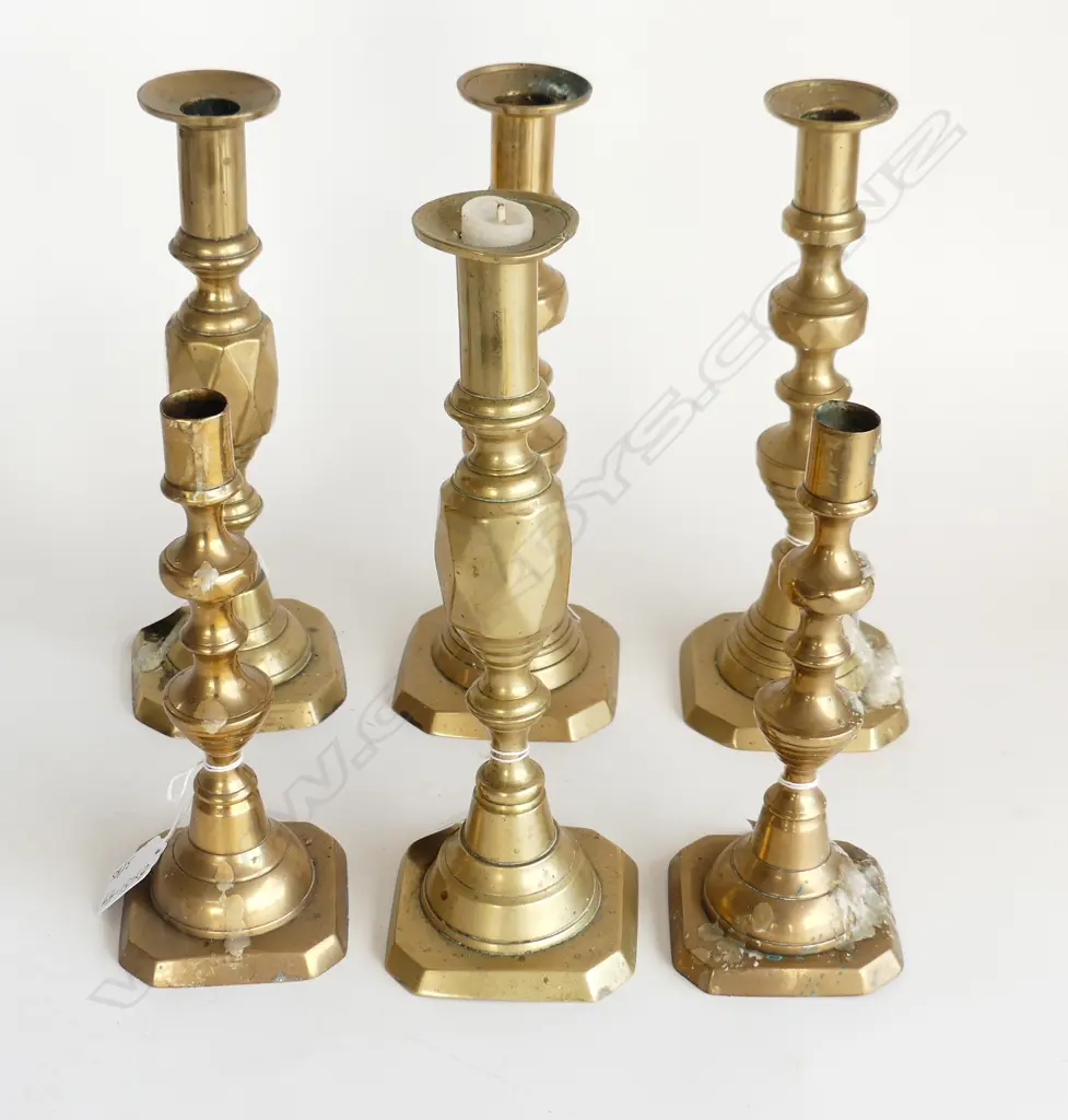 3 PRS BRASS ANTIQUE CANDLESTICKS, VARIOUS SIZES Image 1++