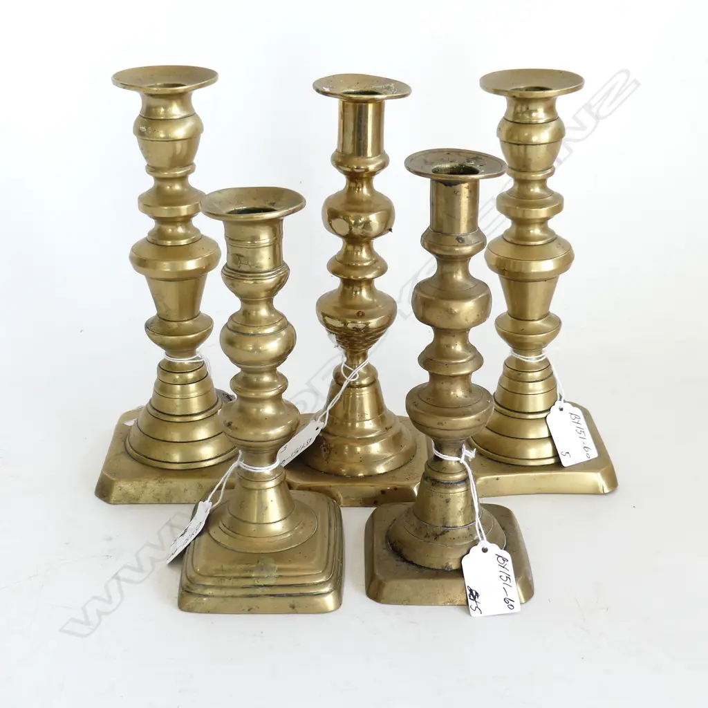 5 ASSTD ANTIQUE MED CANDLESTICKS, TALLEST H.225mm Image 1++