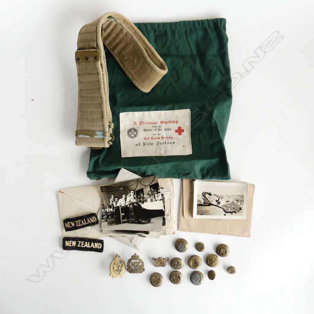 BAG LOT WW2 BADGES PHOTOS WEBBING ETC Image 1++