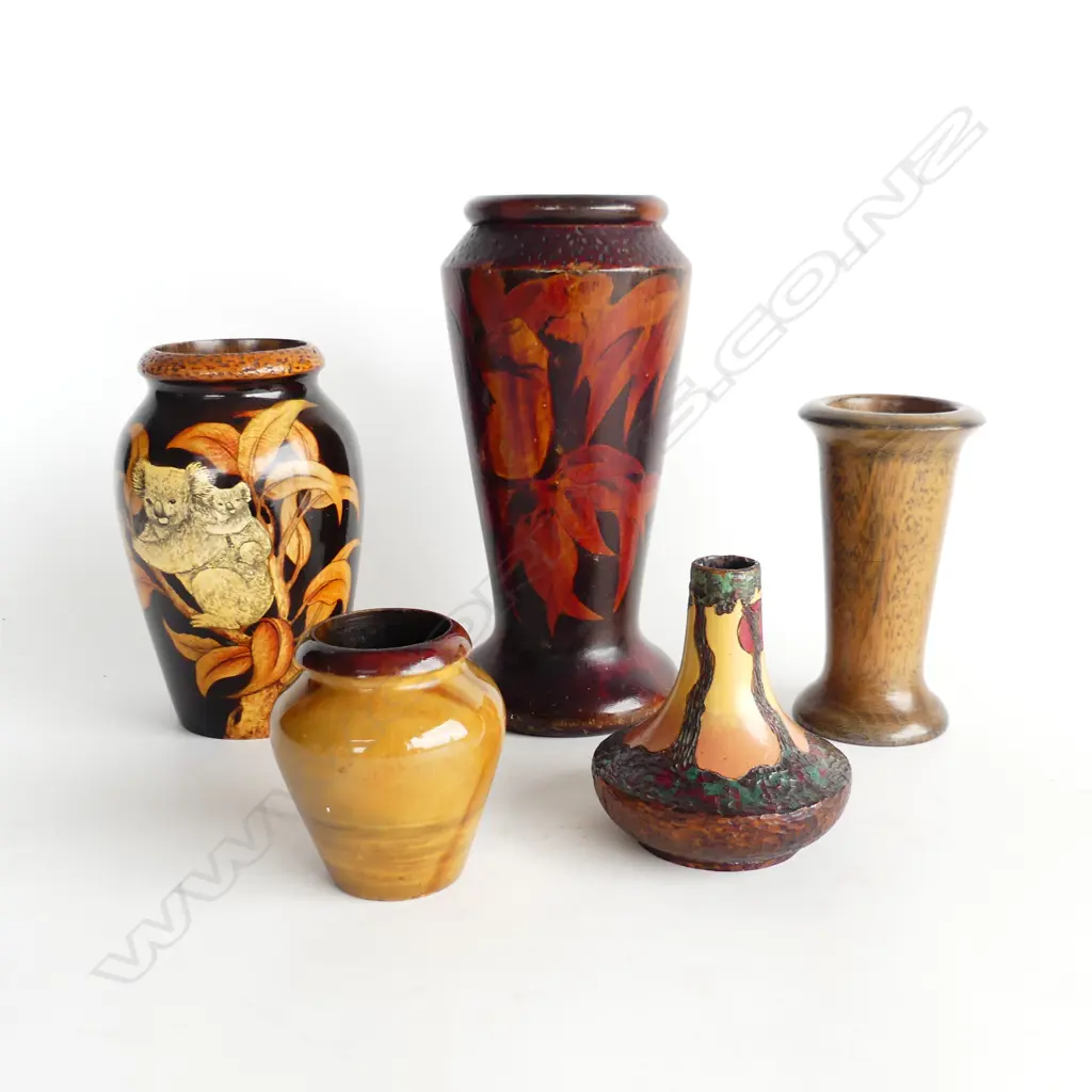 5 WOODEN VASES, POKER WORK & PAINTED, VARIOUS SIZES Image 1++