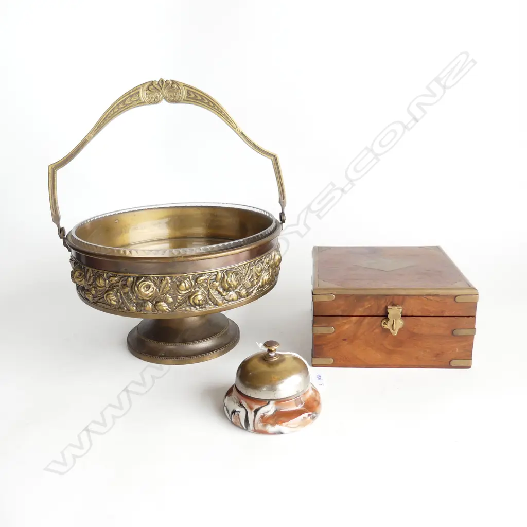 BRASS & GLASS FRUIT BOWL 235mm dia, WOODEN BOX, OLD SHOP BELL Image 1++