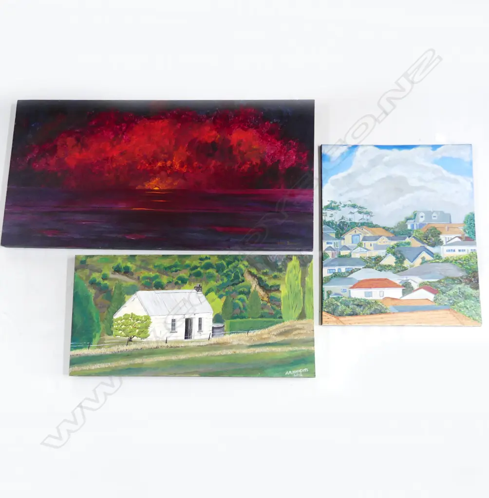 3 ACRYLIC ON CANVAS PAINTINGS: HUGH BRADING red & black landscape 505x1150mm + stone cottage by Knights + houses Image 1++
