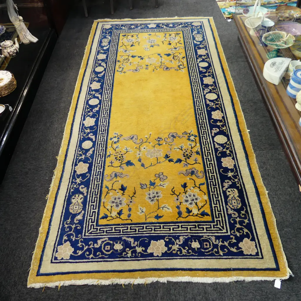 YELLOW CHINESE PEKING RUG; HAND KNOTTED WOOL PILE 2680x1250mm some wear Image 1++