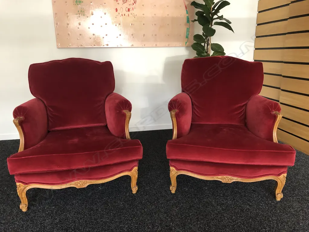 PR FRENCH ANTIQUE STYLE ARMCHAIRS red velvet upholstery fitted loose cushions Image 1++