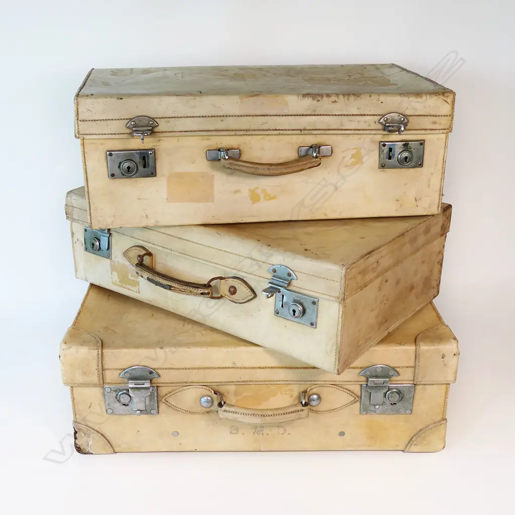 SET 3 VINTAGE VELLUM SUITCASES (1 ASPREY OF LONDON), ALL LINING INTACT Image 1++