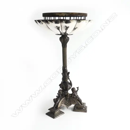 LGE VICTORIAN SILVER PLATE TABLE CENTERPIECE with cherubs to the tripod base H.610mm.