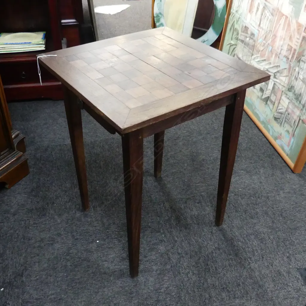 WOODEN SIDE TABLE w. CHEQUERBOARD TOP, DRAWER & GAME TOKENS 520x520x660mm Image 1++