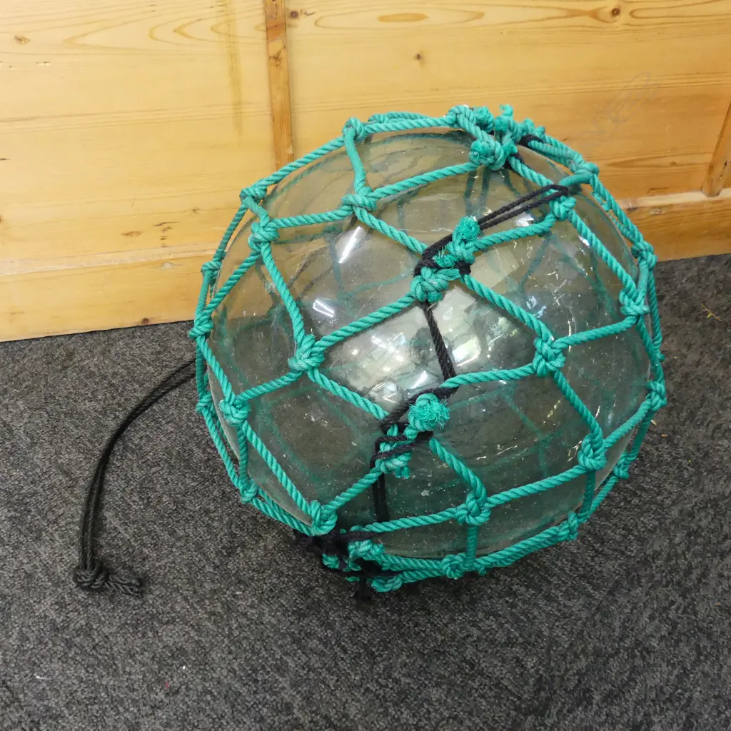 OLD GLASS FISHING FLOAT WITH NETTING APPROX DIA.310mm hand blown Image 1++