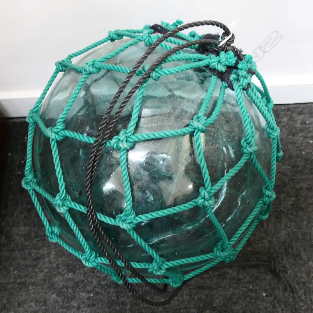 OLD GLASS FISHING FLOAT WITH NETTING APPROX DIA.310mm hand blown Image 1++