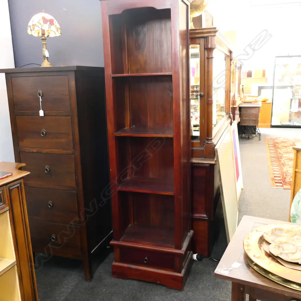 TALL DARK STAINED BOOKCASE WITH SINGLE DRAWER H.800mm, Width: SHELF 460mm, TOP 535mm Image 1++