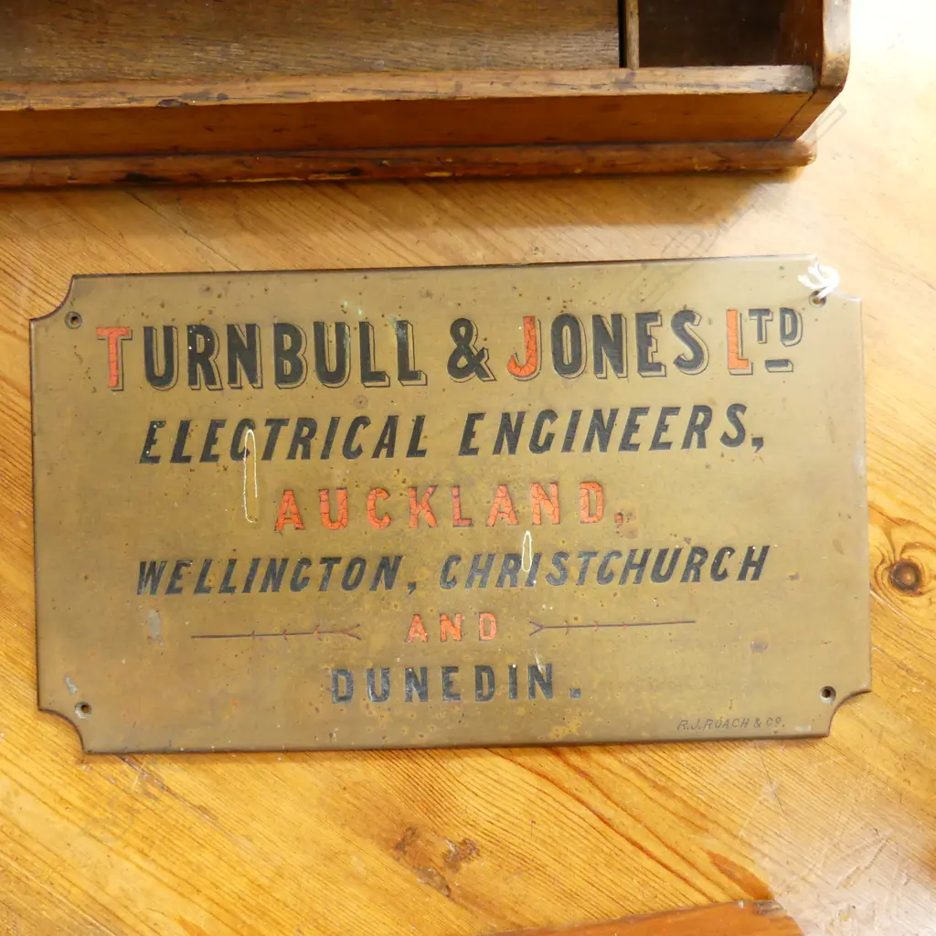 VINTAGE TURNBULL & JONES LTD ELECTRICAL ENGINEERS BRASS SIGN, 180X310MM Image 1++