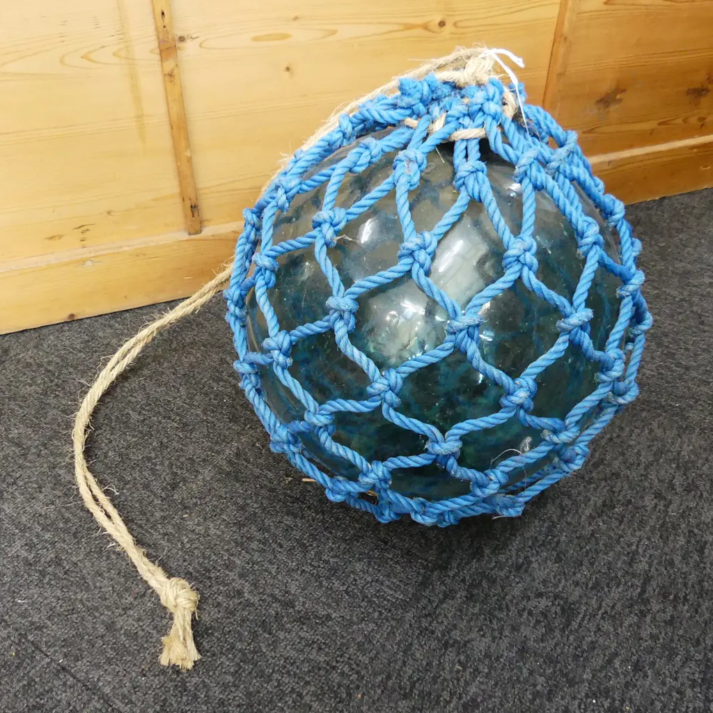 OLD GLASS FISHING FLOAT WITH NETTING APPROX DIA.350mm hand blown Image 1++