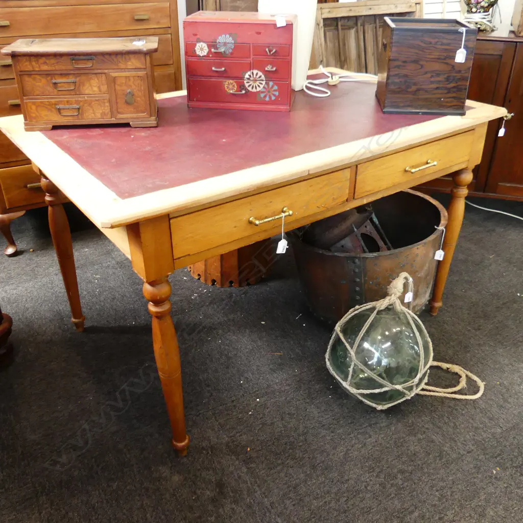 PINE TWO DRAWER TABLE  WITH LEATHER INSET1260 x 750mm Image 1++