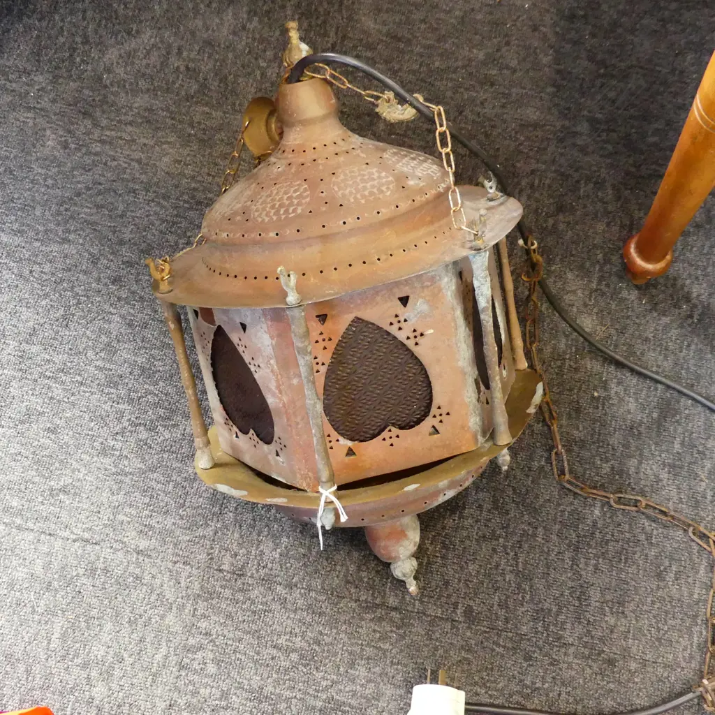 VINTAGE COPPER PENDANT LIGHT [TURKISH?] WORKING H540MM Image 1++