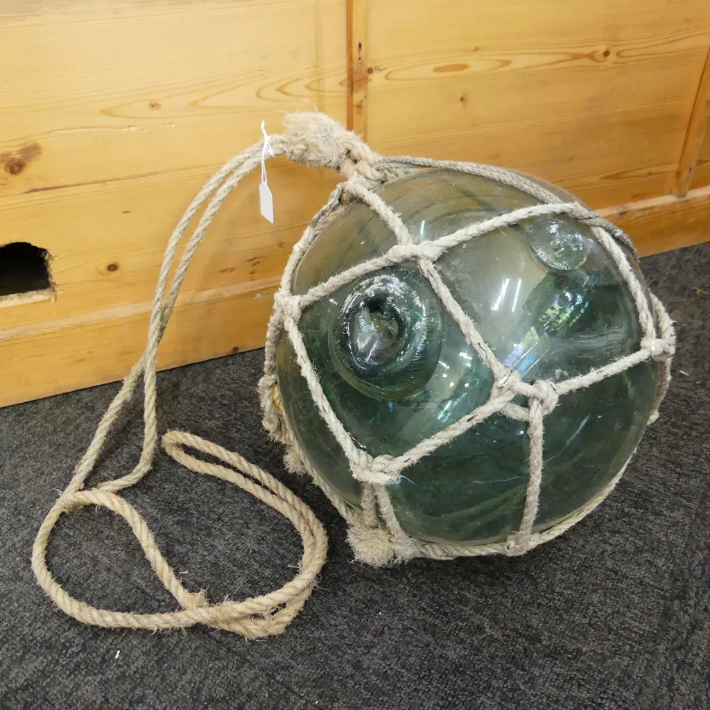 OLD GLASS FISHING FLOAT WITH NETTING APPROX DIA.310mm hand blown Image 1++