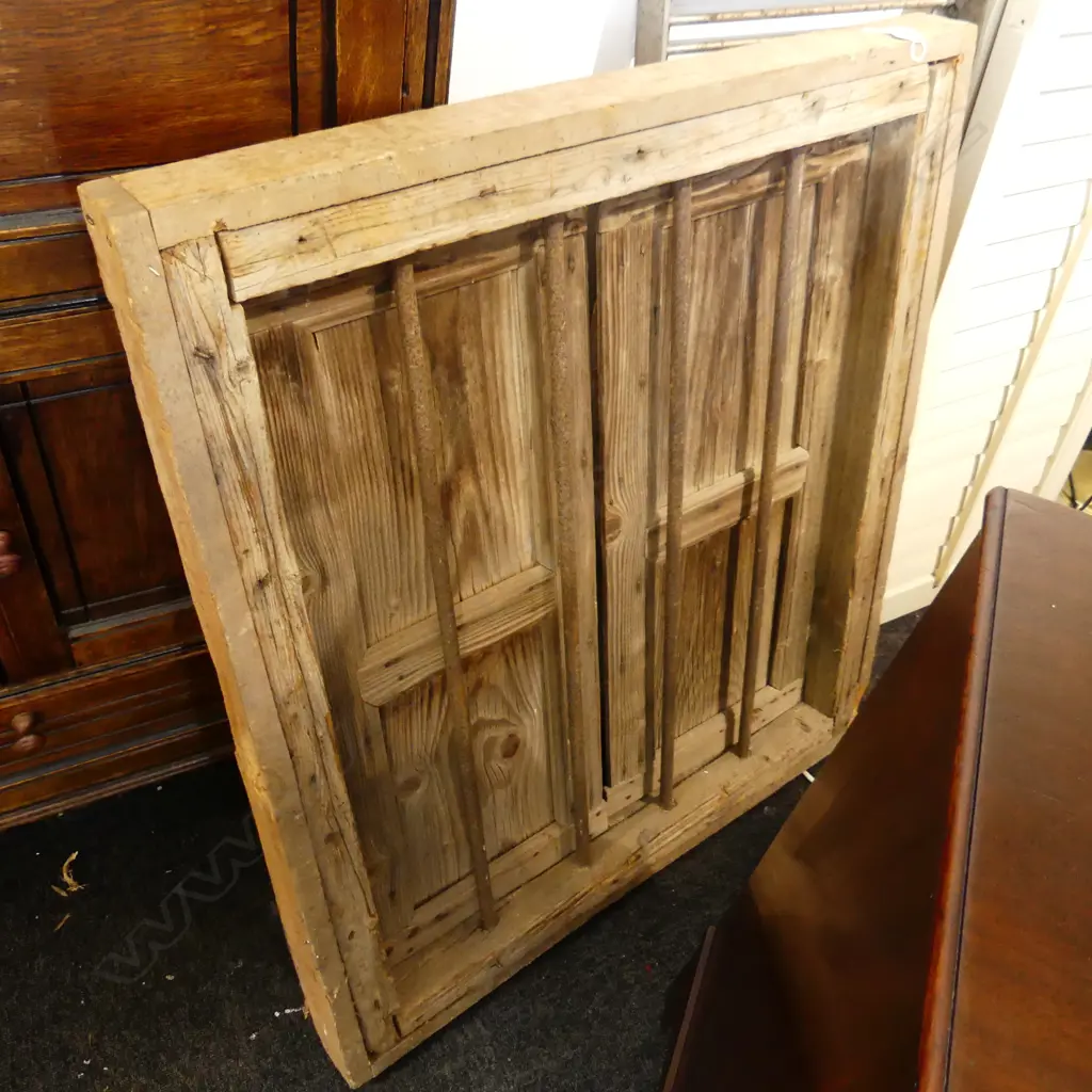 19thC RUSTIC PR PANELLED SHUTTERS W 4 STEEL BAR GRILLE ENCLOSED. In frame. 830 x 950mm Image 1++
