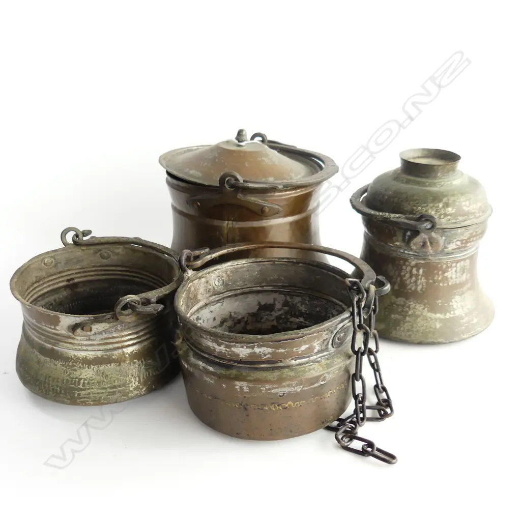 4 TURKISH BRASS POTS w. SWING HANDLES; 2 LIDDED  Image 1++