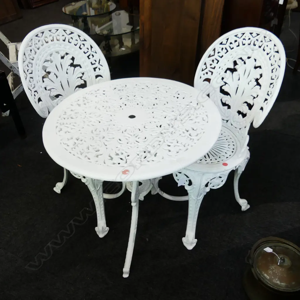 3 PCE WHITE PAINTED METAL PATIO SET; TABLE 700mm dia & PR CHAIRS Image 1++