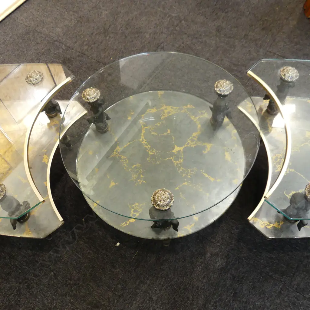 THREE HOLLYWOOD REGENCY STYLE TABLES W CHERUBS Image 1++