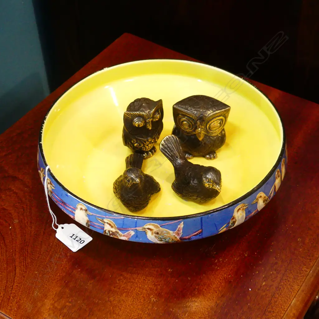 4 BRONZE BIRDS: 2 SPARROWS, 2 OWLS IN YELLOW BOWL 260mm dia CRAZING Image 1++