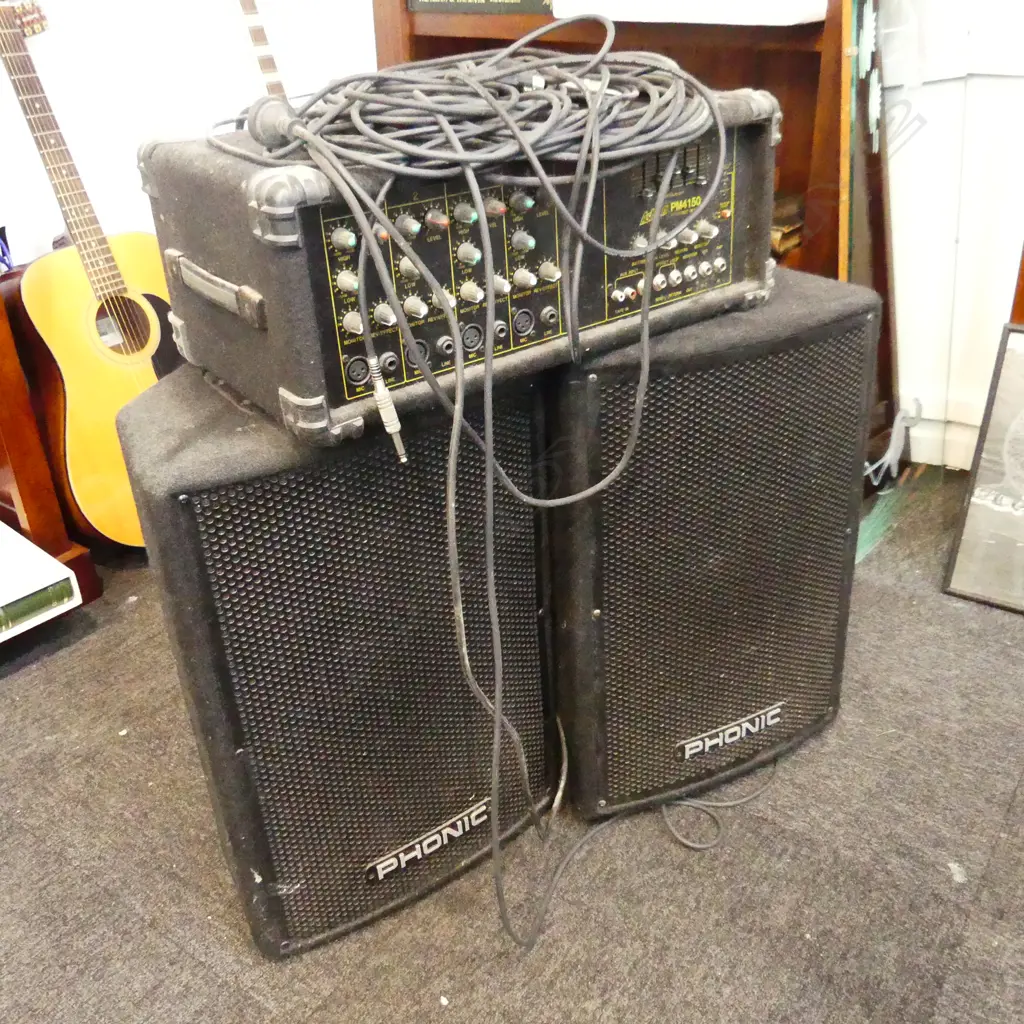 PAIR OF PHONIC ASK 10 10 INCH 2-WAY STAGE SPEAKERS WITH ASHTON PM150 POWERED MIXER AMP AND CABLES Image 1++