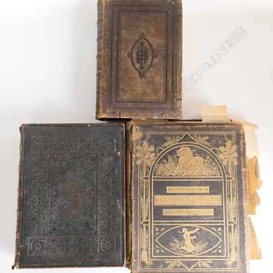 3 ANTIQUE BOOKS: 2 BIBLES + LIFE & EXPLORATIONS OF DR. LIVINGSTONE H.310mm