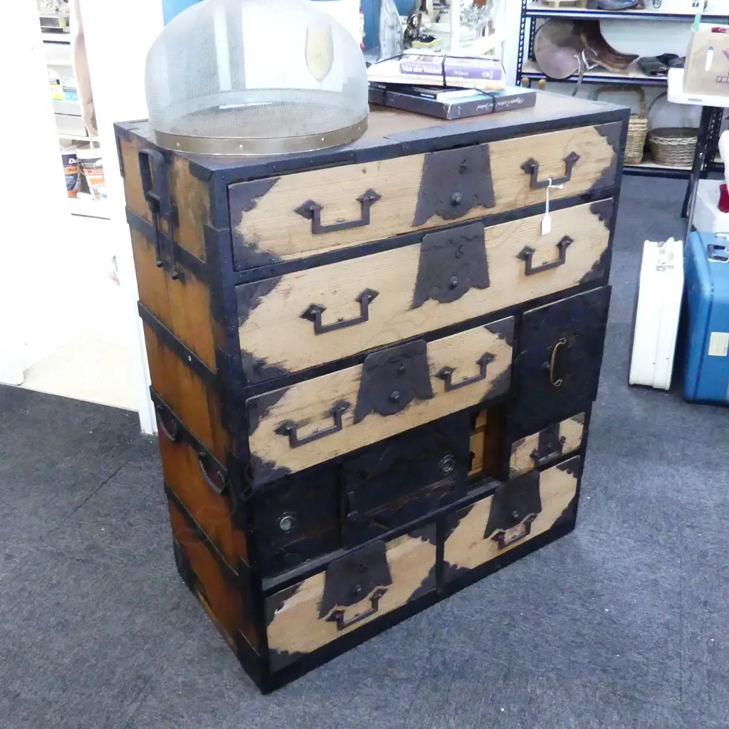 CIRCA 1850 IRON BOUND JAPANESE SHIPS CAPTAINS CHEST 2 SECRET COMPARTMENTS H.1038mm Image 1++