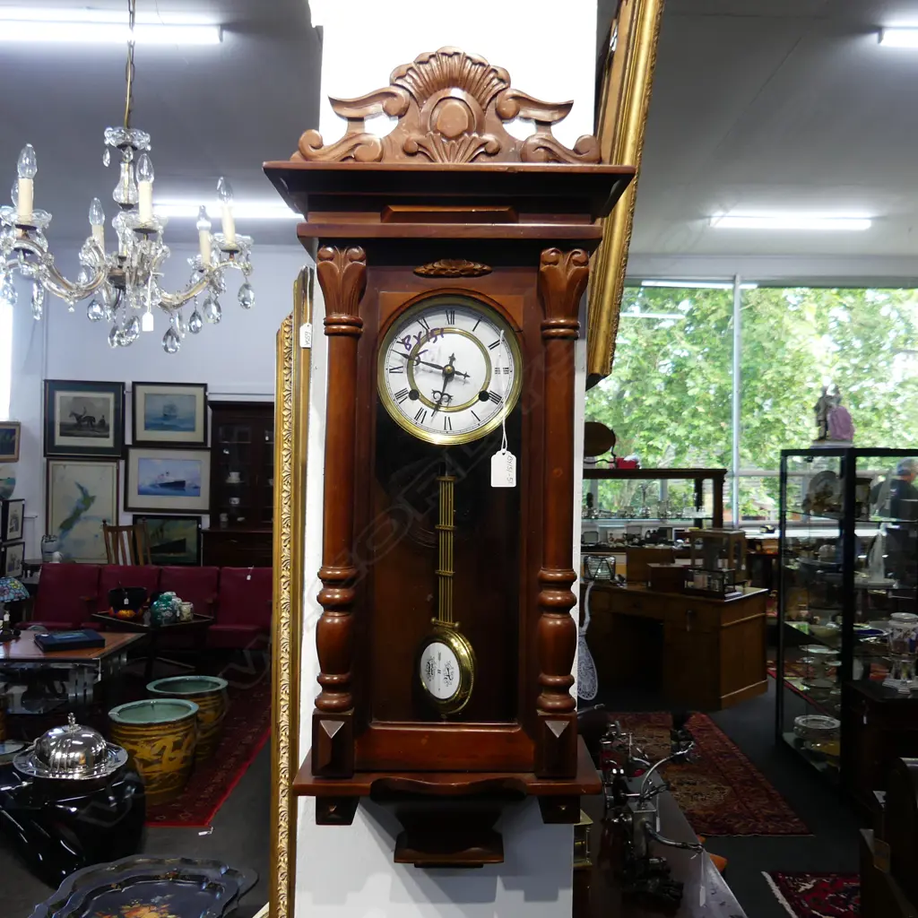 VIENNA REGULATOR WOODEN WALL CLOCK ANTIQUE STYLE W KEY & PENDULUM. H.800mm Image 1++